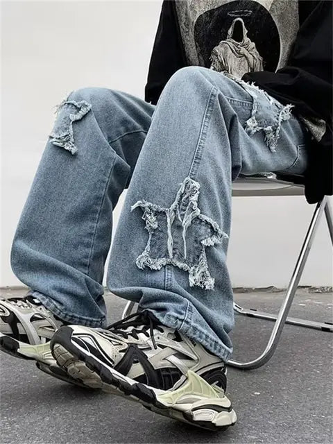 Fashion Stars Towel Embroidery Baggy Jeans