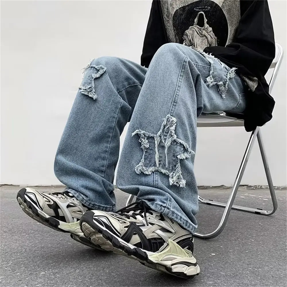 Fashion Stars Towel Embroidery Baggy Jeans