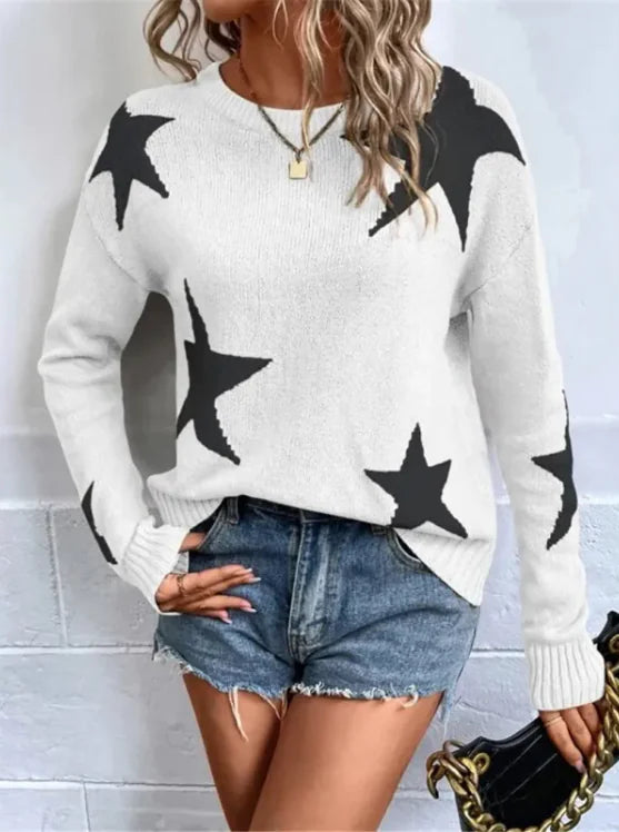 Loose Round Neck Star Pattern Pullover Knitted Long Sleeve Sweater